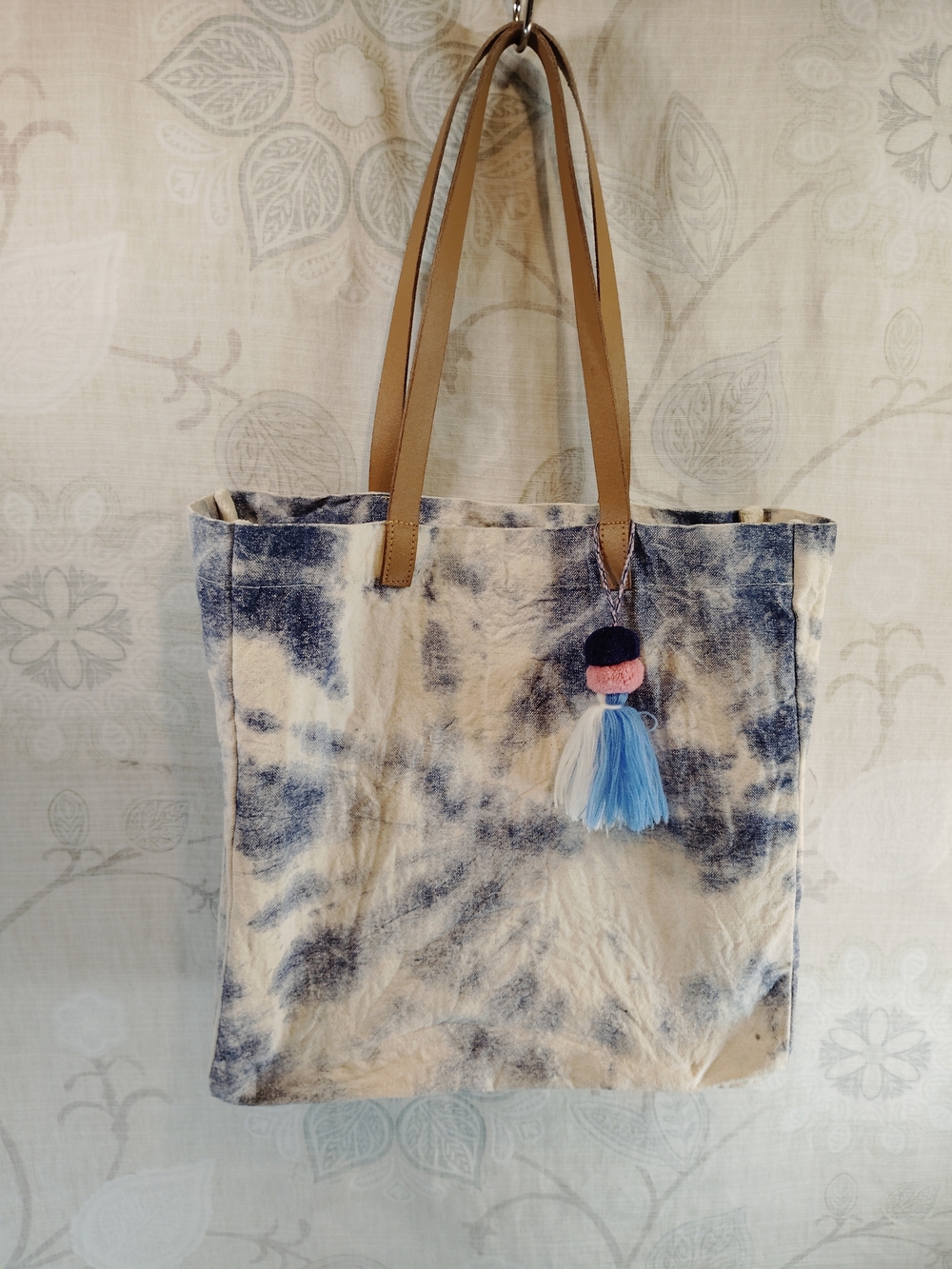 Canvas Tie-Dye Shoulder Tote in Blue and Cream